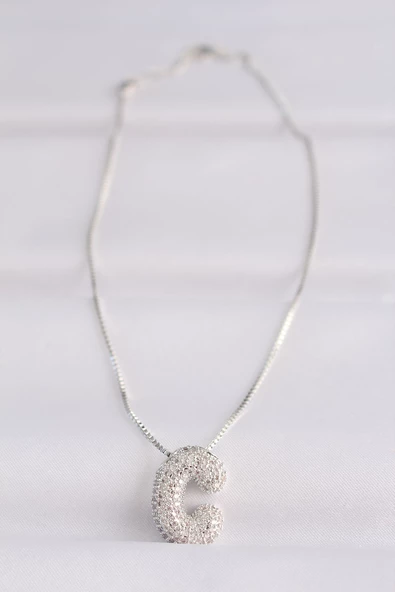 316L Çelik Zincirli Zirkon Taşlı C Harfli Silver Renk Bubble Kolye - TJ-BKO8579 - 2