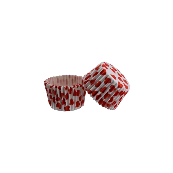 Kek Kalıbı Pet Kapsül 52X45 MM Kağıt Cupcake Kağıdı (100 Adet)  Beyaza Kırmızı Kalp Desenli