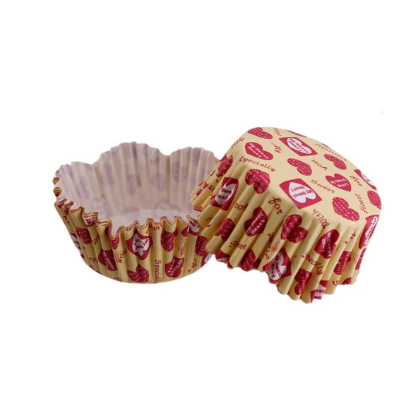 Cupcake Kalıbı Pet Kapsül Dalgalı Sarıya Kırmızı Kalpli Yazılı Kek Kalıbı 65X38 MM (100 Adet)