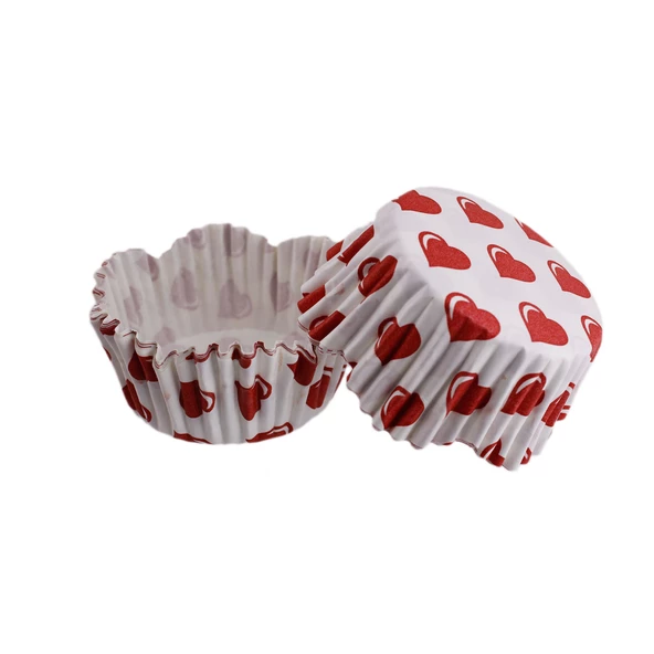 Cupcake Kalıbı Pet Kapsül Dalgalı Kek Kalıbı 65X38 MM (100 Adet)  Beyaza Kırmızı Kalp Desenli