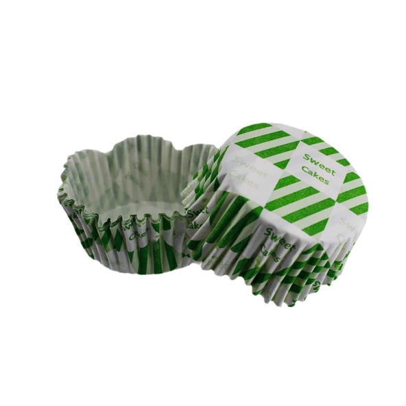 Cupcake Kalıbı Pet Kapsül Dalgalı Kek Kalıbı 65X38 MM (100 Adet)  Beyaza Yeşil Kare Desen