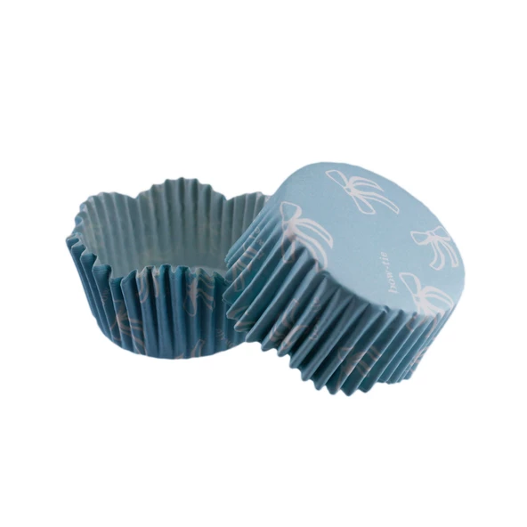 Cupcake Kalıbı Pet Kapsül Dalgalı Kek Kalıbı 65X38 MM (100 Adet)  Fiyonklu Mavi