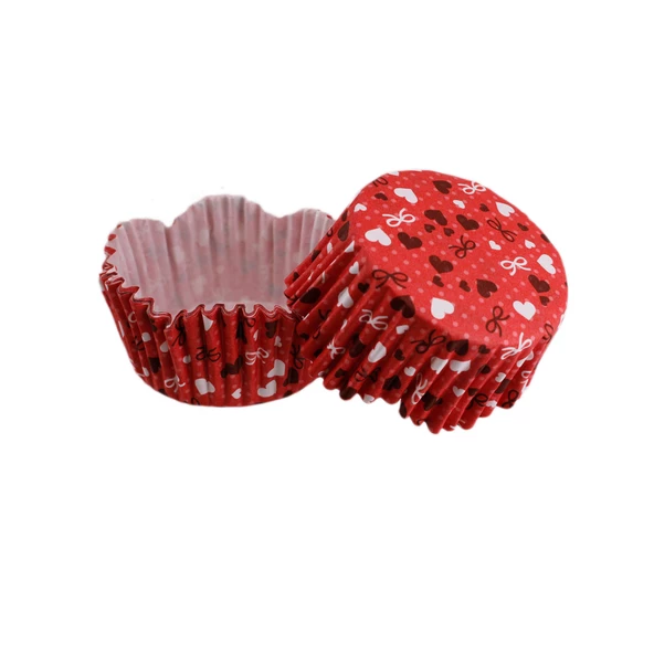 Cupcake Kalıbı Pet Kapsül Dalgalı Kırmızı Üzeri Fiyonk Ve Kalp Desenli Kek Kalıbı 65X38 MM (100 Adet)