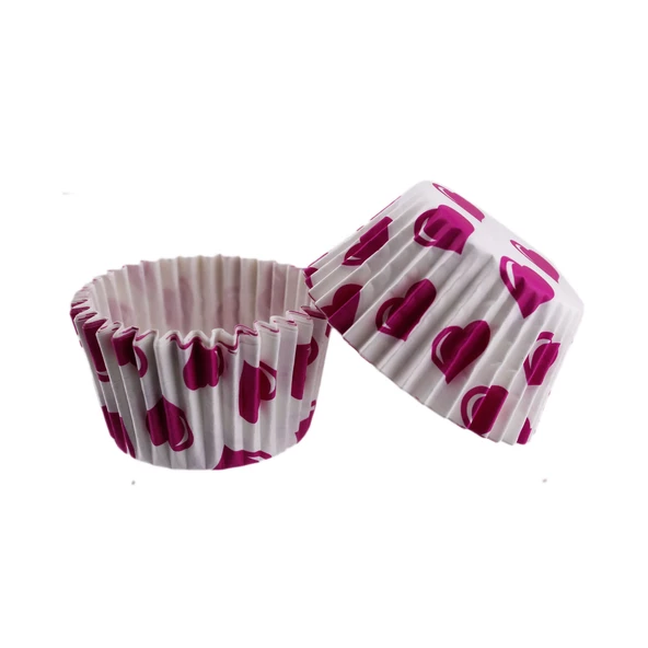 Cupcake Kalıbı Pet Kapsül  Kek Kalıbı 48X34 MM (100 Adet)  Beyaza Fuşya Kalpli