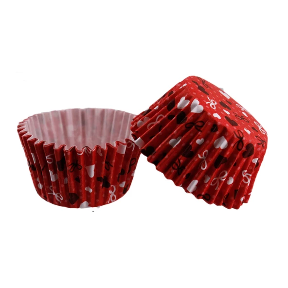Cupcake Kalıbı Pet Kapsül  Kek Kalıbı 48X34 MM (100 Adet)  Kırmızı Üzeri Fiyonk Ve Kalp Desenli