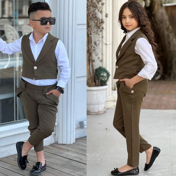 uğurböceğiçocuk Yeleki Şalvar Pantolon Görünümlü 3'lü Unisex Çocuk Takım - 7