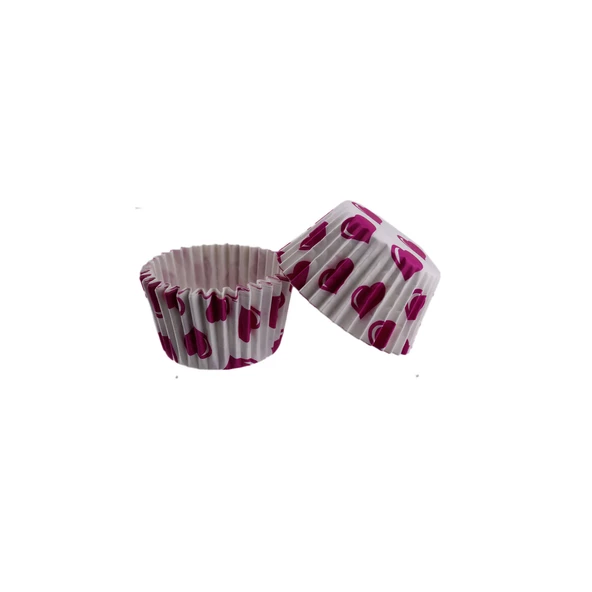 Kek Kalıbı Pet Kapsül 52X45 MM Kağıt Cupcake Kağıdı (100 Adet)  Beyaza Fuşya Kalpli