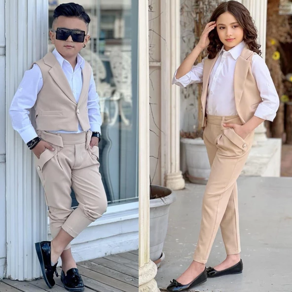 uğurböceğiçocuk Yeleki Şalvar Pantolon Görünümlü 3'lü Unisex Çocuk Takım - 5