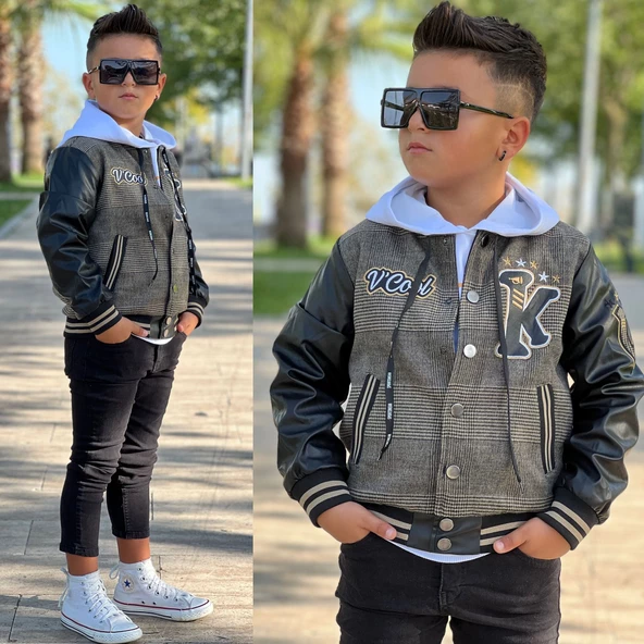 uğurböceğiçocuk Kolları Deri Detay Kolej Ceket Sweat 3'lü Erkek Çocuk Takım - 11