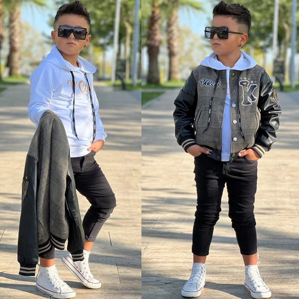 uğurböceğiçocuk Kolları Deri Detay Kolej Ceket Sweat 3'lü Erkek Çocuk Takım - 12