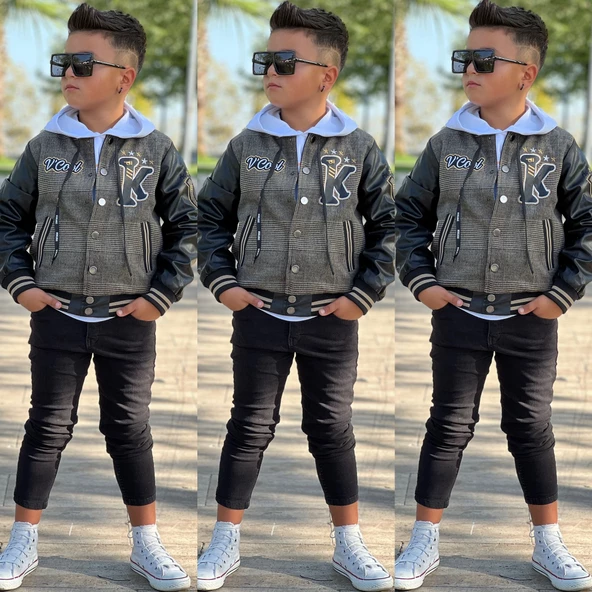 uğurböceğiçocuk Kolları Deri Detay Kolej Ceket Sweat 3'lü Erkek Çocuk Takım - 9