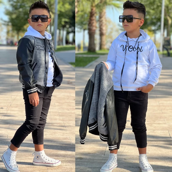 uğurböceğiçocuk Kolları Deri Detay Kolej Ceket Sweat 3'lü Erkek Çocuk Takım - 7