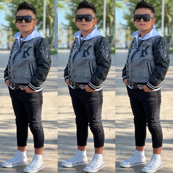 uğurböceğiçocuk Kolları Deri Detay Kolej Ceket Sweat 3'lü Erkek Çocuk Takım - 2