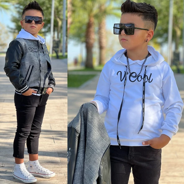 uğurböceğiçocuk Kolları Deri Detay Kolej Ceket Sweat 3'lü Erkek Çocuk Takım - 6