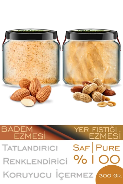 2 Çeşit Saf Ezme Badem Ezmesi Yer Fıstığı Ezmesi Bi Kavanoz 330 cc. Cam Kavanozlarda Şeker İlavesiz