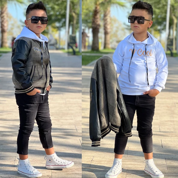 uğurböceğiçocuk Kolları Deri Detay Kolej Ceket Sweat 3'lü Erkek Çocuk Takım - 10