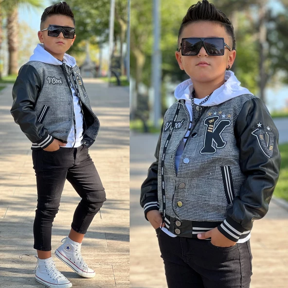 uğurböceğiçocuk Kolları Deri Detay Kolej Ceket Sweat 3'lü Erkek Çocuk Takım - 8
