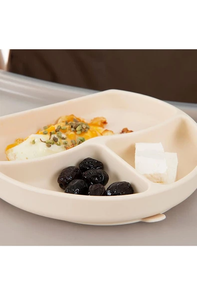 Babyjem Silikon Beslenme Seti Ekru - Bpa Içermeyen Silikon Önlük & Tabak & Bardak & Kaşık - Resim 2