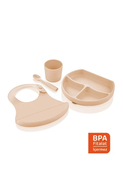 Babyjem Silikon Beslenme Seti Ekru - Bpa Içermeyen Silikon Önlük & Tabak & Bardak & Kaşık ürün görseli