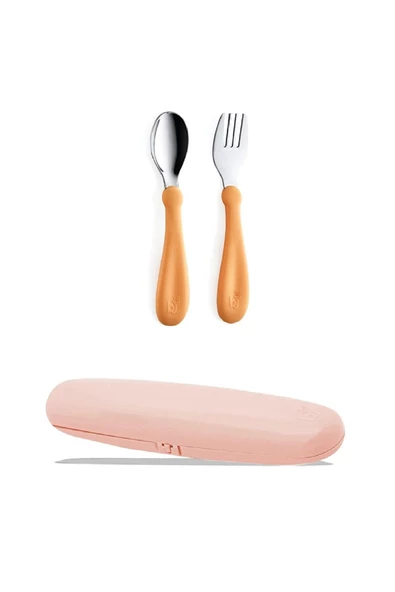 Babyjem Çatal Kaşık Saklama Kabı Gül Kurusu + Paslanmaz Çelik Çatal Kaşık Seti Somon - Resim 5