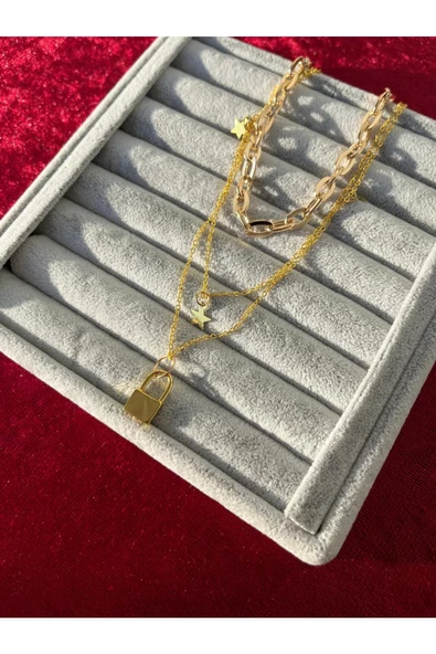 Ulaş Aksesuar  Gold Renk Kilit Katmanlı Kolye Gerdanlık Kolye Kadınlar İçin Katlı Kolye - 2