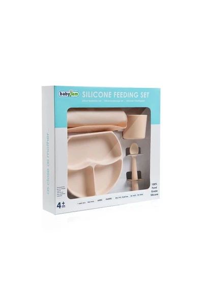 Babyjem Silikon Beslenme Seti Ekru - Bpa Içermeyen Silikon Önlük & Tabak & Bardak & Kaşık - Resim 5