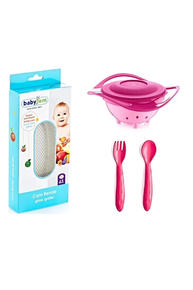 Babyjem Cam Rende + Dökülmeyen Tabak Pembe + Mama Kaşık Çatal Takımı Kırmızı ürün görseli