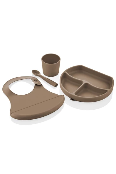 Babyjem Silikon Beslenme Seti Latte - Bpa Içermeyen Silikon Önlük & Tabak & Bardak & Kaşık - Resim 2