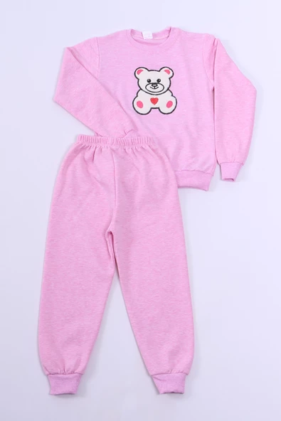 KIZ ÇOCUK EŞOFMAN TAKIMI AYICIK BASKILI RİBANALI E14 - 5