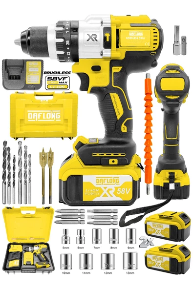 DAFLONG Brushless 58 v 5ah Çelik Şanzıman 10 Pilli Çift Akülü Darbeli Şarjlı Matkap Vidalama-SARI - 2