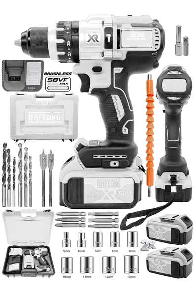 DAFLONG Brushless 58 v 5ah Çelik Şanzıman 10 Pilli Çift Akülü Darbeli Şarjlı Matkap Vidalama-BEYAZ - 2
