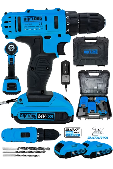 DAFLONG Alman 24 V 5 Ah Çift Metal Şanzıman Çift Akülü Şarjlı Setsiz Vidalama Matkap-MAVI - Resim 2