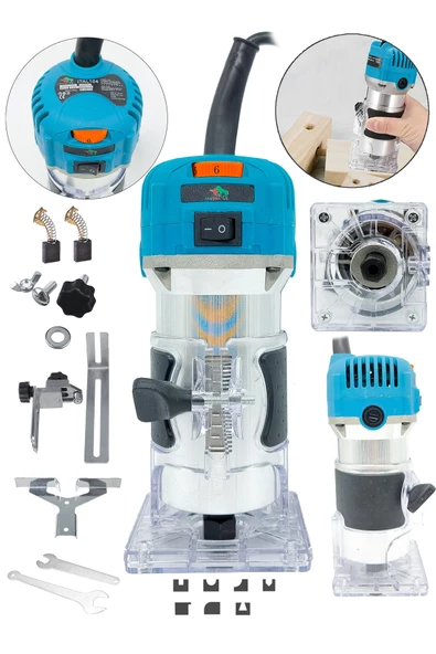 DAFLONG 6 Kademe Devir Ayarlı Formika Traşlama Freze Makinesi 6 Mm + 12 Adet Uç Hediye-MAVİ