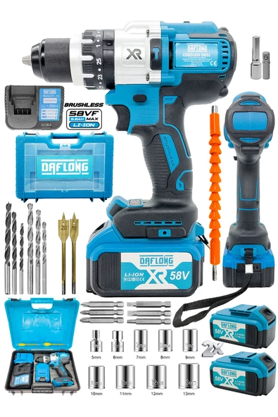 DAFLONG Brushless 58 v 5ah Çelik Şanzıman 10 Pilli Çift Akülü Darbeli Şarjlı Matkap Vidalama-MAVI - 2