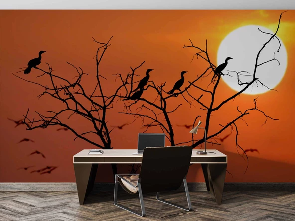 Günbatımı Ağaç ve Kuş Manzaralı Duvar Kağıdı - Resim 4