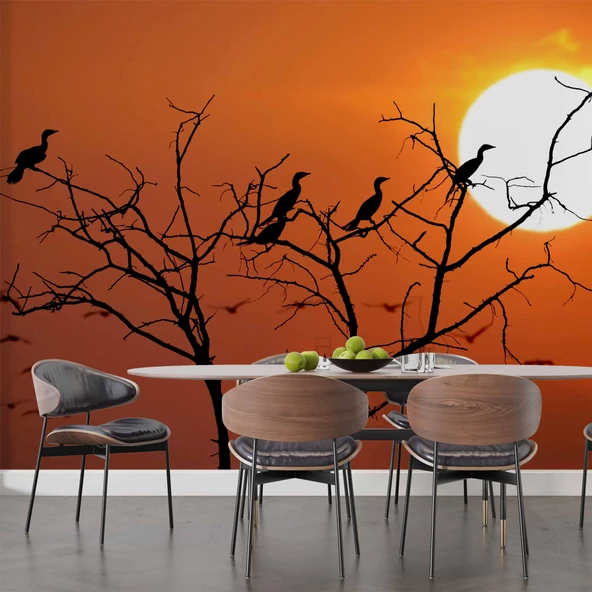 Günbatımı Ağaç ve Kuş Manzaralı Duvar Kağıdı - Resim 5