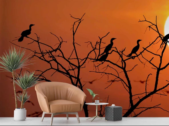 Günbatımı Ağaç ve Kuş Manzaralı Duvar Kağıdı - Resim 6