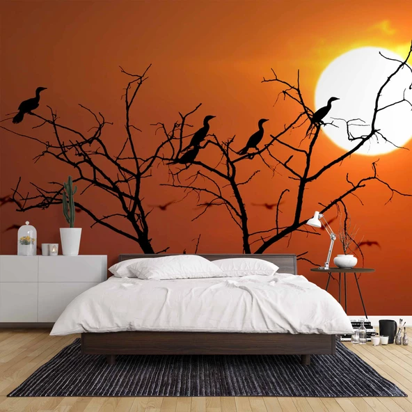 Günbatımı Ağaç ve Kuş Manzaralı Duvar Kağıdı - Resim 2