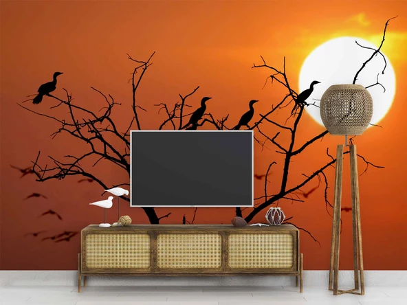 Günbatımı Ağaç ve Kuş Manzaralı Duvar Kağıdı - Resim 3