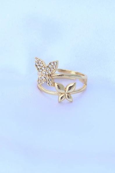 Pirinç Gold Renk Ayarlanabilir Zirkon Taşlı Kelebek Yüzük - TJ-BYK3190 - 2