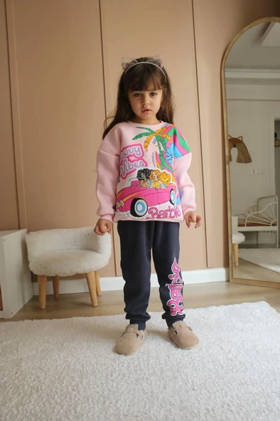 KIZ ÇOCUK MODELLİ 3 İPLİK ŞARDONLU EŞOFMAN TAKIMI - 6