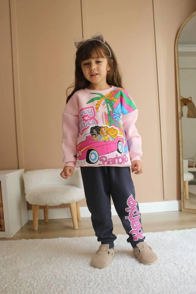 KIZ ÇOCUK MODELLİ 3 İPLİK ŞARDONLU EŞOFMAN TAKIMI - 4
