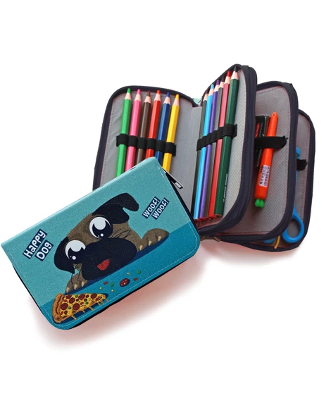 Kalem Kutusu Sevimli Köpek Kawai Organizer Kalemkutu Vegan Deri Üç Bölmeli Kalemlik Siyah - Resim 3