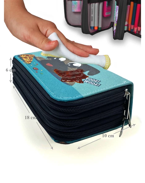 Kalem Kutusu Sevimli Köpek Kawai Organizer Kalemkutu Vegan Deri Üç Bölmeli Kalemlik Siyah - Resim 6