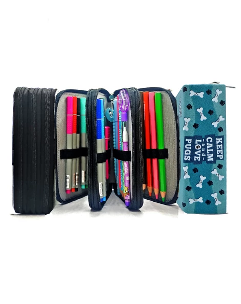 Kalem Kutusu Sevimli Köpek Kawai Organizer Kalemkutu Vegan Deri Üç Bölmeli Kalemlik Siyah - Resim 5