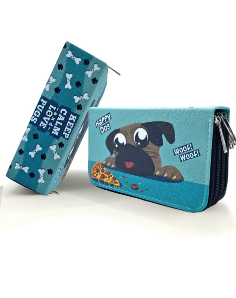 Kalem Kutusu Sevimli Köpek Kawai Organizer Kalemkutu Vegan Deri Üç Bölmeli Kalemlik Siyah - Resim 2