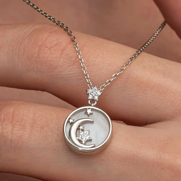 Gümüş Sedef Taşlı Ay Yıldız Hilal Kadın Kolye - Resim 3