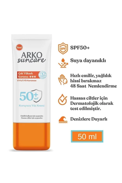 ARKO  Suncare Spf50 Çok Yüksek Korumalı Yüz Güneş Kremi 50 ml