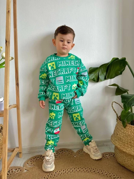 ERKEK ÇOCUK MİNECRAFT MODELLİ 3İPLİK  ŞARDONLU EŞOFMAN TAKIMI - 3