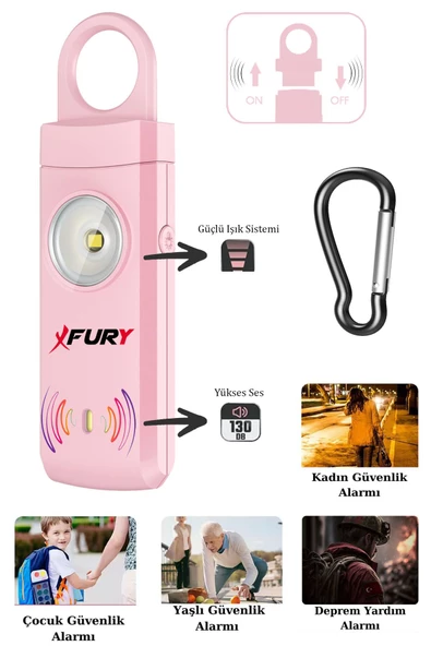FURY Kişisel Güvenlik Alarmı Ve Anahtarlık - 130db Yüksek Sesli, Işıklı, Şarj Edilebilir, PEMBE - 6